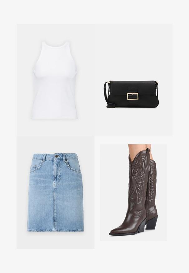 White sleeveless tank top made of ribbed fabric, featuring a rounded neckline and a fitted silhouette, with minimal seams and no embellishments.; Light blue denim skirt with a straight cut, features front pockets and a button closure. Textured finish with minimal fading.; Brown leather cowboy boots with pointed toe and block heel, featuring detailed stitching and raised accents on the shaft.; Black leather clutch bag with a flap and a gold metal buckle detail. Includes a black strap and a sleek, minimalist design.