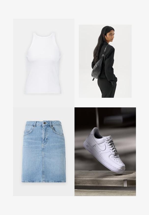 White sleeveless tank top made of ribbed fabric, featuring a rounded neckline and a fitted silhouette, with minimal seams and no embellishments.; Light blue denim skirt with a straight cut, features front pockets and a button closure. Textured finish with minimal fading.; White Nike Air Force 1 sneaker levitating above a concrete surface with shadows in a minimalist setting.; Woman with long dark hair wearing a black suit, carrying a black leather shoulder bag, looking over her shoulder against a white background.; Silver hoop earrings with a minimalist design. Circular shape, smooth texture, and thin profile. Lightweight with a polished finish.