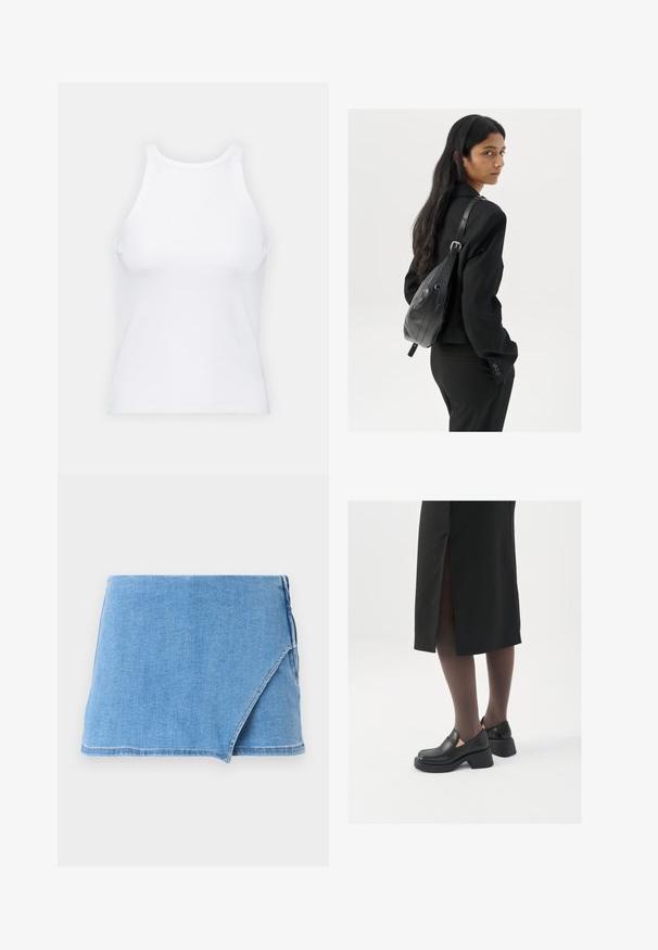 Witte mouwloze tanktop van ribstof, met een ronde halslijn en een aansluitende pasvorm, met minimale naden en zonder versieringen.; Denim minirok in lichtblauw, met een wikkelontwerp, een rafelige zoom en een gladde textuur. Geen aanvullende versieringen of patronen.; Zwarte leren schoenen met een ronde neus, dikke blokhak en elastische zijkanten, gecombineerd met donkere panty's en een zwarte rok met een split.; Vrouw met lang donker haar in een zwart pak, met een zwart leren schoudertas, die over haar schouder kijkt tegen een witte achtergrond.