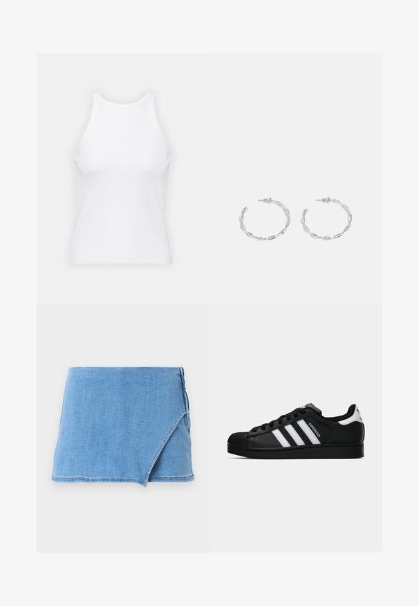 Bílý bezrukávový top vyrobený z ribbed látky, s kulatým výstřihem a přiléhavým střihem, s minimem švů a bez ozdob.; Džínová mini sukně ve světle modré barvě, s designem překrytí, rozervaným lemem a hladkou texturou. Bez dalších ozdob nebo vzorů.; Černé tenisky Adidas Superstar se bílými pruhy, špičkou ve tvaru skořápky a textem "Superstar" na boku, zobrazené v bočním profilu na bílém pozadí.; Stříbrné kruhové náušnice s točeným designem, se lesklým povrchem a uzávěrem na kolík. Průměr přibližně 3 cm.