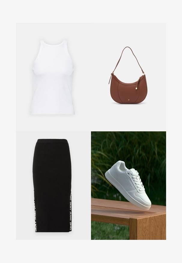Bílý bezrukávový top vyrobený z ribbed látky, s kulatým výstřihem a přiléhavým střihem, s minimem švů a bez ozdob.; Černá žebrovaná midi sukně s přiléhavým střihem. Na boku má bílé logo DKNY Jeans. Hladká textura a elastický pas.; Bílé tenisky s hladkým syntetickým svrškem, perforovanou špičkou, plochými tkaničkami a texturovanou podrážkou, vystavené na dřevěném povrchu.; Hnědá kabelka přes rameno z umělé kůže s zakřiveným tvarem, minimálním prošíváním a zlatým kovovým akcentem. Disponuje vrchním zipovým uzavíráním a nastavitelným popruhem.