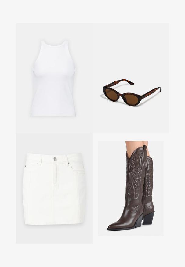 Valge ilma varrukateta T-särk, mis on valmistatud ribakangast, ümarate kaelustega ja kitseneva siluetiga, minimaalse õmbluste ning ilma kaunistusteta.; Valge denim-seelik, millel on kehaümberduv disain, esiseotav nööplukuga, kaks küljetaskut ja keskmise reie pikkus. Sile tekstuur.; Pruunid nahast cowboy saapad terava varbaga ja plokk-kandaga, millel on detailne tikand ja kergelt tõstetud aktsendid varrel.; Pruunid kilpkonnamustriga päikeseprillid, mille vintage-kassikujuline kuju ja pruunid läätsed. Omavad kaardus varsi punaste aktsentidega.; Must haben musta nahkklahviga kott, millel on klapp ja kuldne metallist pandla detail. Kaasas must rihm ja stiilne, minimalistlik disain.