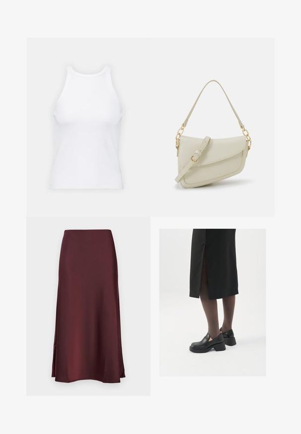 Hvit ermeløs tanktop laget av ribbet stoff, med rund hals og en tettsittende silhuett, med minimale sømmer og ingen dekorasjoner.; YAS YASPELLA MIDI - A-line skjørt - decadent chocolate; Sorte lærersko med rund tå, tykk blokkheel og elastiske sideaksenter, sammen med mørke strømpebukser og et svart skjørt med splitt.; Liten kremfarget håndveske med teksturert overflate, lang justerbar stropp, kjedeakenter og klaffelukking. Detaljer i gullfarge.
