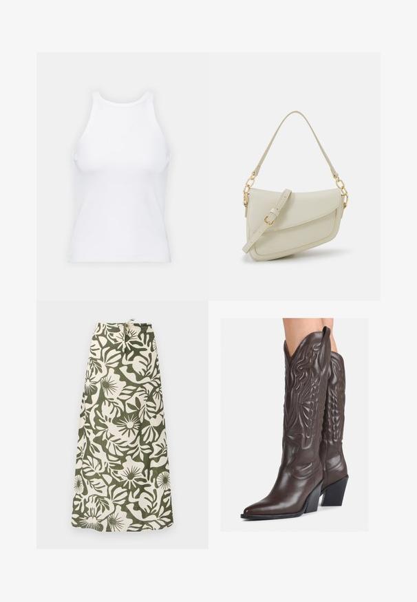Fehér ujjatlan trikó ribbed anyagból, lekerekített nyakkivágással és testhez simuló siluettel, minimális varrásokkal és díszítések nélkül.; Hosszú szoknya, amely zöld és krémszínű virágmintás szövetből készült, húzózsinórral ellátott derékrésszel és puha, texturált felülettel.; Barna bőr cowboy csizmák hegyes orral és blokk sarkal, részletes varrással és kiemelkedő díszítésekkel a szárán.; Kis krémszínű táska texturált felülettel, hosszú, állítható pánttal, láncos díszítéssel és fedéllel záródik. Aranyszínű fém részletek.