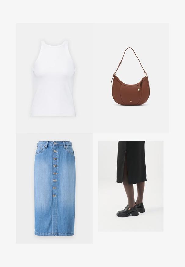 Valge ilma varrukateta T-särk, mis on valmistatud ribakangast, ümarate kaelustega ja kitseneva siluetiga, minimaalse õmbluste ning ilma kaunistusteta.; Sinine teksaskangas midi seelik sirge lõikega, esipoolse nööbiga kinnituse, viie tasku ja tuhmunud pesuga tekstuuri jaoks.; Mustad mustad jalatsid ümmarguse varbaga, paksu plokkniidi ja elastsete külgdetailidega, kombineeritud tumedate sukkade ja musta lõhikuga seelikuga.; Pruun faux nahast õlaline kott, millel on kaarjas kuju, minimaalne õmblemine ja kuldse tooni metallist aksessuaar. Omab ülemist tõmblukku ja reguleeritavat rihma.