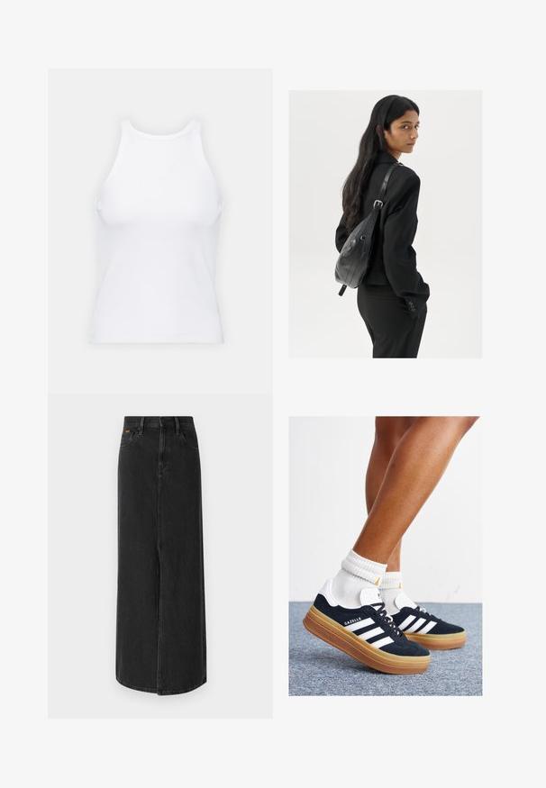 Baltas be rankovių marškinėlis, pagamintas iš išklotinės medžiagos, su apvaliu iškirpimu ir prigludusia siluetu, minimaliais siūlais ir be dekoracijų.; Juodas džinsinis ilgas sijonas su tiesiu kirpimu, penkių kišenių dizainu ir priekinėmis plyšio detalėmis. Sijonas turi mygtukų užsegimą ir subtilius siuvimo akcentus.; Juodi zomšiniai sportbačiai su baltais dryžiais ir akcentais, apvalios nosies, guminio, gumos pado, derinami su baltais raitytais vidutinio ilgio kojinaitėmis.; Moteris su ilgais tamsiais plaukais, vilkinti juodą kostiumą, nešanti juodą odinę rankinę per petį, žvelgia per petį prieš balto fono.