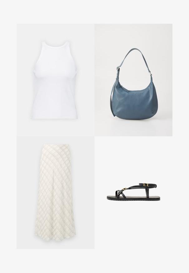 Weißes ärmelloses Tanktop aus geripptem Stoff, mit rundem Ausschnitt und figurbetonter Silhouette, minimalen Nähten und ohne Verzierungen.; Langer, cremefarbener Rock mit einem diagonalen Karomuster in Grau. Fließendes Design mit einer glatten Textur, das zur Säume hin ausläuft.; Schwarze Ledersandalen mit dünnen Riemen und einem geschnallten Knöchelriemen. Flache Sohle mit texturiertem Finish und Zickzackkante. Minimalistisches Design.; Blaue Lederhandtasche mit runder Form, einem Schulterriemen, Reißverschluss und eingeprägtem Markennamen auf der Vorderseite. Glatte Textur.