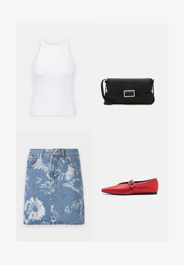Hvit ermeløs tanktop laget av ribbet stoff, med rund hals og en tettsittende silhuett, med minimale sømmer og ingen dekorasjoner.; Denim skjørt med lys blå vask, med hvite blomster mønstre, fem-lomme design, front knappelukking, og frynset bunnkant.; Røde lærflatsko med spiss tå, med en sidespenne med metallspenne og en lav svart hæl. Glatt tekstur gjennom hele skoen.; Svart lær clutch-veske med klaff og detalj i gullmetall. Inkluderer en svart stropp og et strømlinjeformet, minimalistisk design.