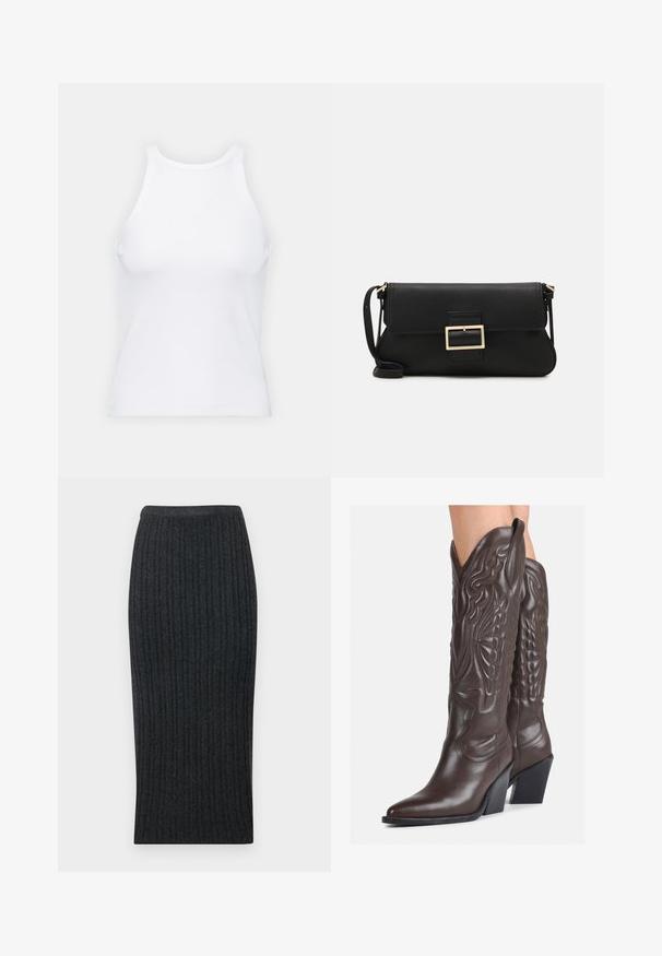 Bílý bezrukávový top vyrobený z ribbed látky, s kulatým výstřihem a přiléhavým střihem, s minimem švů a bez ozdob.; Tmavě šedá pletená midi sukně s přiléhavým střihem a elastickým pasem. Vyznačuje se vertikálním žebrováním pro texturu.; Hnědé kožené kovbojské boty s špičatou špičkou a blokovým podpatkem, se zdobným prošíváním a vyvýšenými akcenty na nárazu.; Černá kožená psaníčko s klopou a zlatým kovovým detailním sponou. Součástí je černý popruh a elegantní, minimalistický design.