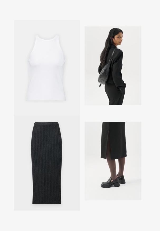 Bela brezrokavna majica iz rebraste tkanine, z zaobljenim izrezom in prilegajočim silhueto, z minimalnimi šivi in brez okraskov.; Temno siva rebrasta pletena midi krila s telesu prilegajočo silhueto in elastičnim pasom. Ima navpično rebrovanje za teksturo.; Črne usnjene čevlje s zaobljenim prstom, debelim blokastim petama in elastičnimi stranskimi detajli, v kombinaciji s temno nogavicami in črno krilo z razporkom.; Ženska z dolgimi temnimi lasmi, oblečena v črn kostim, nosi črno usnjeno torbo čez ramo in se ozira čez ramo proti beli podlagi.