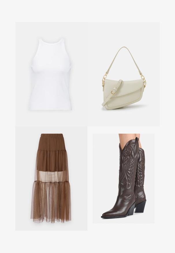 Balta bezpiedurkņu topiņš no ribotā auduma, ar noapaļotu kakla izgriezumu un pieguļošu siluetu, ar minimālām šuvēm un bez rotājumiem.; Brūna slāņota svārku ar elastīgu jostu, kas sastāv no necaurspīdīgām un caurspīdīgām auduma kārtām, radot mīkstu, teksturētu izskatu.; Brūni ādas kovboju zābaki ar norādītu purngalu un blokveida papēdi, ar detalizētu šūšanu un paceltiem akcentiem uz kājas daļas.; Maza krēmkrāsas rokas soma ar teksturētu apdari, garu regulējamu siksniņu, ķēdes akcentu un vāciņa aizdari. Zelta aparatūras detaļas.