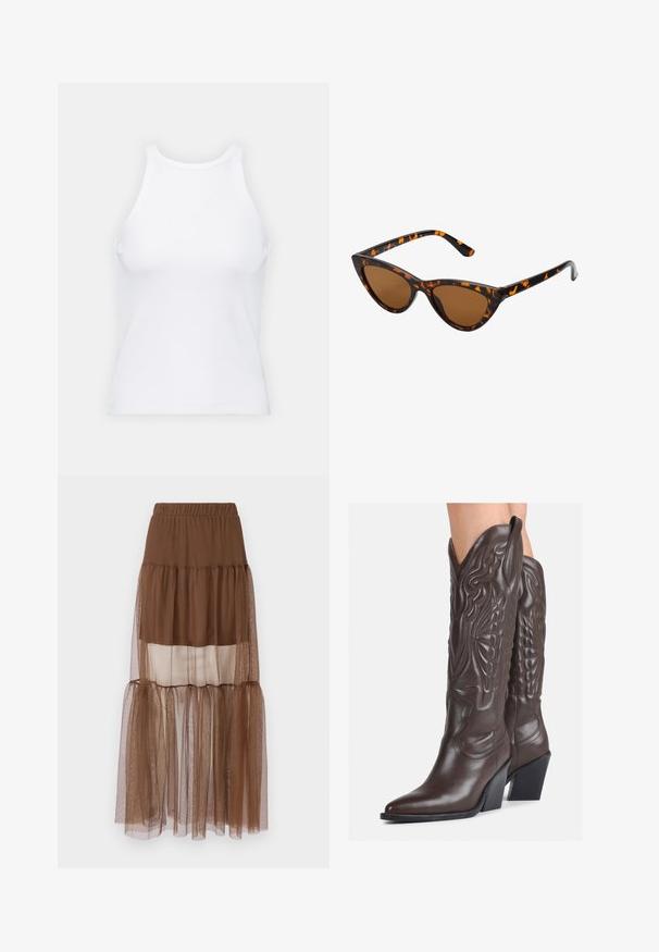 Witte mouwloze tanktop van ribstof, met een ronde halslijn en een aansluitende pasvorm, met minimale naden en zonder versieringen.; Bruine gelaagde rok met een elastische tailleband, met een mix van ondoorzichtige en doorzichtige stoflagen, wat zorgt voor een zachte, gestructureerde uitstraling.; Bruine leren cowboylaarzen met een spitse neus en blokhak, voorzien van gedetailleerde stiksels en verhoogde accenten op de schacht.; Cat-eye zonnebril met een zwart en oranje schildpadframe, bruine lenzen en slanke, puntige uiteinden. Bevat een minimalistisch logo op de poot.