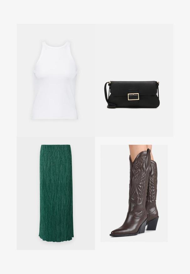 Hvid ærmeløs tanktop lavet af ribbet stof, med en rund halsudskæring og en tætsiddende silhuet, med minimale sømme og ingen pynt.; Lang grøn nederdel med en struktureret overflade, der har lodrette folder og en subtil glans. Den har en lige silhuet og en scalloperet kant.; Brune læder cowboystøvler med spids tå og blokhæle, med detaljeret syning og forhøjede accenter på skaftet.; Sort læder clutchtaske med klap og detaljer i guldmetallisk spænde. Inkluderer en sort rem og et slankt, minimalistisk design.