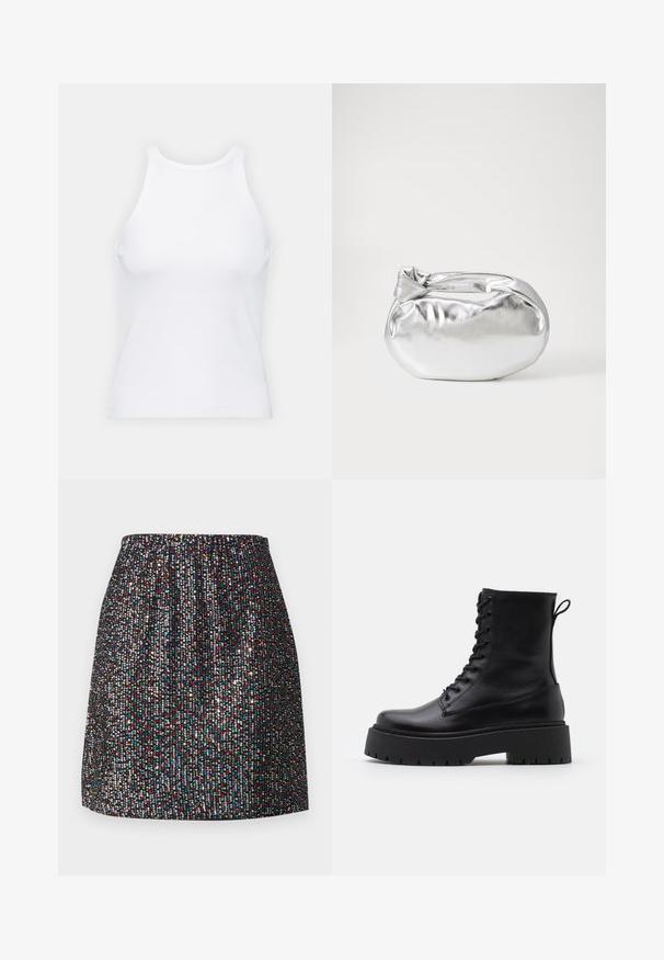 Bela brezrokavna majica iz rebraste tkanine, z zaobljenim izrezom in prilegajočim silhueto, z minimalnimi šivi in brez okraskov.; Črna mini krila okrašena z majhnimi, pisanimi bleščicami, z elastičnim pasom, gladko teksturo in ravno silhueto.; Črne usnjene gležnjarje z okroglo konico, vezalnim sprednjim delom in debelim gumijastim podplatom z teksturiranim profilom. Zanka na hrbtni strani.; Srebrna kovinska torbica z mehko, zaobljeno obliko in zavezano zgornjo zaporo. Narejena iz gladkega umetnega usnja.; Srebrne uhane v obliki obroča z minimalističnim dizajnom. Krožna oblika, gladka tekstura in tanek profil. Lahki s poliranim zaključkom.