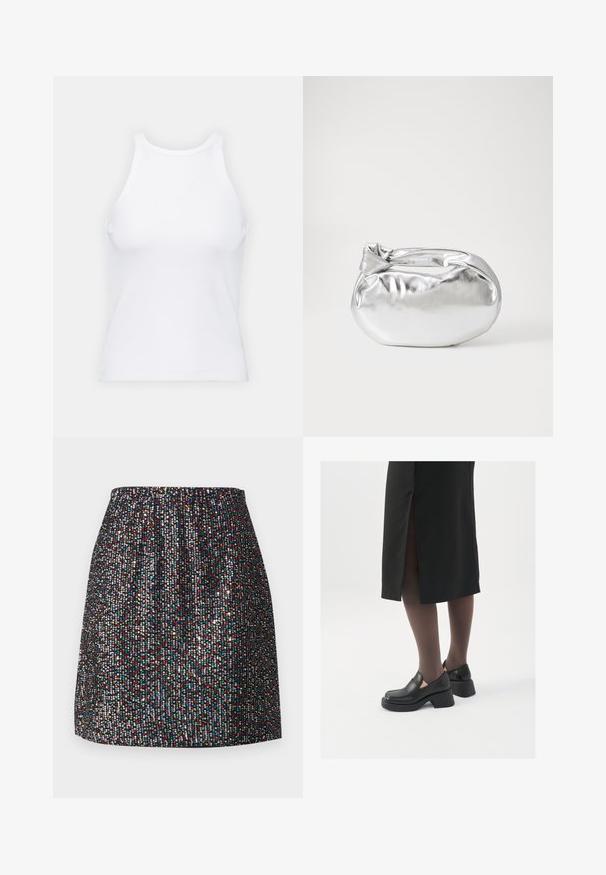 Valge ilma varrukateta T-särk, mis on valmistatud ribakangast, ümarate kaelustega ja kitseneva siluetiga, minimaalse õmbluste ning ilma kaunistusteta.; Must mustriba, mis on kaunistatud väikeste, värviliste litteritega, elastse vöökohtaga, siledast tekstuurist ja sirge siluetiga.; Mustad mustad jalatsid ümmarguse varbaga, paksu plokkniidi ja elastsete külgdetailidega, kombineeritud tumedate sukkade ja musta lõhikuga seelikuga.; Hõbedane metallikoti kott pehme, ümar kuju ja sõlme ülemise sulgemisega. Valmistatud siledast kunstnahast materjalist.; Hõbedased rõngastikkaehingad minimalistlikus disainis. Ümar kuju, sile tekstuur ja õhuke profiil. Kerged ning poleeritud viimistlusega.