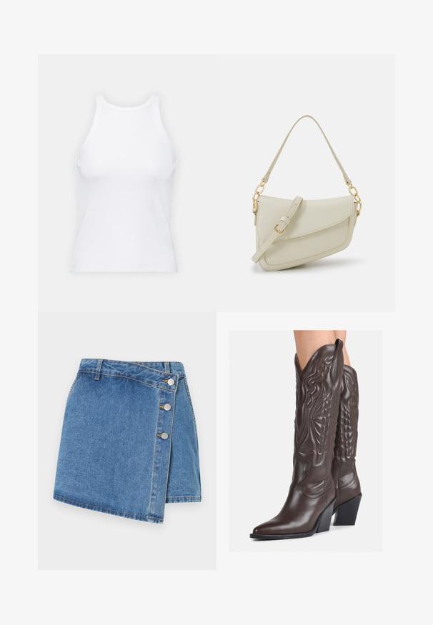 Valkoinen hihaton toppi, joka on valmistettu ribbikankaasta, ja jossa on pyöreä pääntie ja tiukka siluetti, minimaalisin saumoin ja ilman koristeita.; Denim wrap-hame in vaaleansininen. Siinä on korkea vyötärö, viistomalli helmassa sekä kolme metallista painonappia sivulla. Sujuva pinta ja hillitty ommel.; Ruske nahkasaappaat, joissa on terävä kärki ja laatikkokorko, varustettu yksityiskohtaisella ompelulla ja kohotetuilla yksityiskohdilla varsiosassa.; Pieni kerma beige käsilaukku, jossa on teksturoitu pinta, pitkä säädettävä olkahihna, ketjua korostava yksityiskohta ja läppälukko. Kultaista metalliosaa.