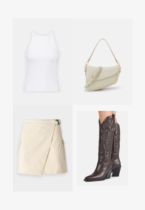 Biela bezrukávová tielko vyrobené z rebrovanej látky, s okrúhlym výstrihom a priliehavým strihom, s minimálnymi švami a bez ozdôb.; Bežová zavinovacia sukňa vyrobená z ľahkého materiálu, s bočnou prackou, dvoma nákladovými vreckami a čistým lemom.; Hnedé kožené kovbojské topánky s špicatou špičkou a blokovým podrážkou, so zložitým prešívaním a vyvýšenými akcentmi na puzdre.; Malá krémová kabelka s textúrovaným povrchom, dlhým nastaviteľným popruhom, reťazovým detailom a klopovým uzáverom. Zlaté kovové prvky.; Zlaté kruhové náušnice s hladkým, lesklým povrchom. Cirkulárny dizajn s malým steblom a jasným záznamom pre bezpečné nosenie.