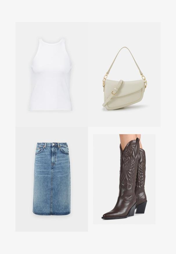 Top senza maniche bianco realizzato in tessuto a coste, caratterizzato da un collo arrotondato e una silhouette aderente, con cuciture minime e senza decorazioni.; Gonna di jeans in blu chiaro. Presenta una silhouette dritta, cinque tasche e una chiusura con bottone dotata di passanti per la cintura. Accenti di texture sfrangiata.; Stivali da cowboy in pelle marrone con punta affusolata e tacco a blocco, caratterizzati da dettagliati ricami e accenti rialzati sul gambale.; Piccola borsa a tracolla crema con finitura testurizzata, una lunga tracolla regolabile, un accento a catena e chiusura a patta. Dettagli in hardware dorato.