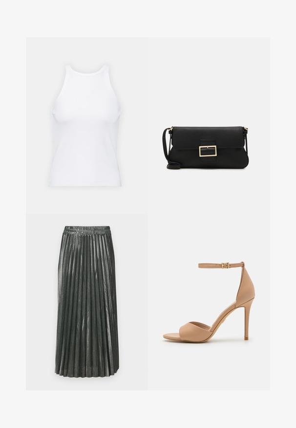 Débardeur blanc sans manches en tissu côtelé, doté d'un col rond et d'une silhouette ajustée, avec des coutures minimales et sans ornements.; Jupe plissée vert métallique avec une taille élastique. Présente des plis verticaux étroits et un design mi-long, créant une silhouette structurée.; ALDO CRERIDE PILLOW WALK - Sandales - beige; Pochette en cuir noir avec un rabat et un détail en boucle en métal doré. Inclut une sangle noire et un design épuré et minimaliste.; Boucles d'oreilles en argent en forme de créoles avec un design torsadé, dotées d'une finition polie et d'une fermeture à poussoir. Mesurent environ 3 cm de diamètre.