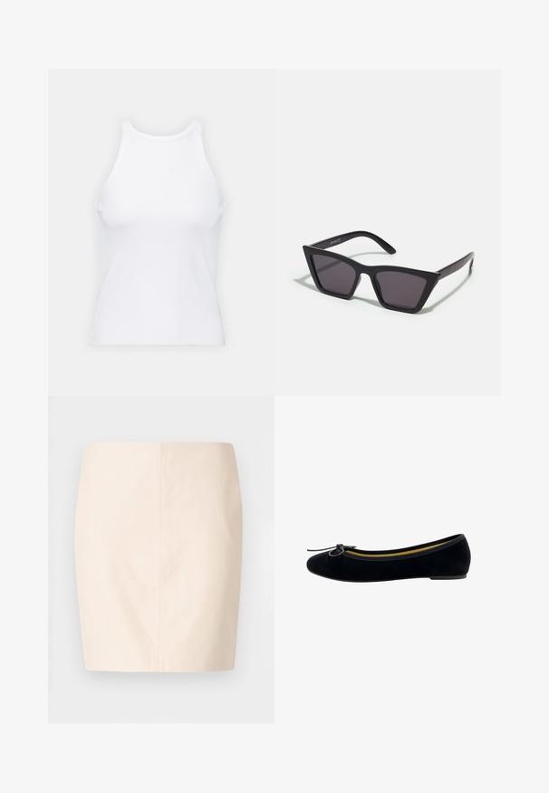Witte mouwloze tanktop van ribstof, met een ronde halslijn en een aansluitende pasvorm, met minimale naden en zonder versieringen.; Beige aansluitende rok met een fijne textuur en strakke lijnen. Heeft een midden hoge taille en een rechte silhouet. Geen zichtbare sluitingen of versieringen.; Zwarte fluwelen balletschoenen met een ronde neus, een klein strikje aan de voorkant en een contrasterende gele binnenvoering.; Zwarte, hoekige zonnebril met grijze lenzen; gemaakt van plastic, met dikke armen met een gladde oppervlakte en zonder zichtbare hardware.