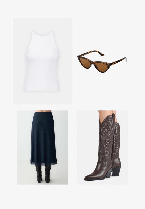 Top senza maniche bianco realizzato in tessuto a coste, caratterizzato da un collo arrotondato e una silhouette aderente, con cuciture minime e senza decorazioni.; Una gonna blu scuro realizzata con un tessuto trasparente e testurizzato con un sottile motivo a zebra, che scende fino a metà polpaccio, abbinata a stivali neri al ginocchio.; Stivali da cowboy in pelle marrone con punta affusolata e tacco a blocco, caratterizzati da dettagliati ricami e accenti rialzati sul gambale.; Occhiali da sole cat-eye con una montatura tartarugata nera e arancione, lenti marroni e punte affusolate e eleganti. Presentano un logo minimale sulla asta.