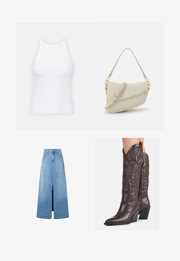 Valge ilma varrukateta T-särk, mis on valmistatud ribakangast, ümarate kaelustega ja kitseneva siluetiga, minimaalse õmbluste ning ilma kaunistusteta.; Heled sinine denim maxi-seelik, millel on ees lõhik, tüüpiline A-line kuju, lõpetatud serv ja klassikaline viie-tasku disain. Nööbiga kinnihoidmine vööl.; Pruunid nahast cowboy saapad terava varbaga ja plokk-kandaga, millel on detailne tikand ja kergelt tõstetud aktsendid varrel.; Väike kreemjas käekott tekstureeritud viimistlusega, pikendatav rihm, ketiläbimõõt ja klapiga sulgemine. Kuldsed metalldetailid.