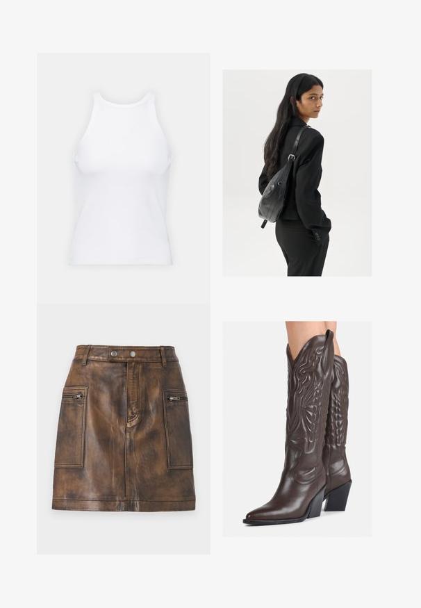 Valge ilma varrukateta T-särk, mis on valmistatud ribakangast, ümarate kaelustega ja kitseneva siluetiga, minimaalse õmbluste ning ilma kaunistusteta.; Pruun nahkseelik, millel on kõrge vöökoht, esipoolsed tõmblukkidega taskud ning sile tekstuur koos peentest variatsioonidest, mis lisavad sügavust.; Pruunid nahast cowboy saapad terava varbaga ja plokk-kandaga, millel on detailne tikand ja kergelt tõstetud aktsendid varrel.; Pikkade tumehaired naine mustas ülikonnas, kandes musta nahast õlakotti, vaatab üle õla valge tausta taustal.; Hõbedased rõngastikkaehingad minimalistlikus disainis. Ümar kuju, sile tekstuur ja õhuke profiil. Kerged ning poleeritud viimistlusega.