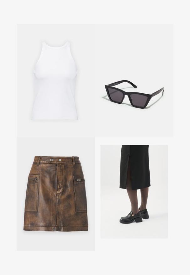 Hvid ærmeløs tanktop lavet af ribbet stof, med en rund halsudskæring og en tætsiddende silhuet, med minimale sømme og ingen pynt.; Brun lædernederdel med høj talje, forreste lynlås-lommer og en glat tekstur med subtile variationer for dybde.; Sorte lædersko med rund tå, kraftig blokhæl og elastiske sideaccentuer, parret med mørke strømpebukser og en sort nederdel med slids.; Sorte, kantede solbriller med grå linser; lavet af plast, med tykke stænger med en glat overflade og ingen synlig hardware.; Lille cremehåndtaske med tekstureret overflade, en lang justerbar rem, en kædeaccent og flaplukning. Detaljer i guldhardware.; Sølvøreringe med et minimalistisk design. Cirkulær form, glat tekstur og tynd profil. Letvægtige med en poleret overflade.