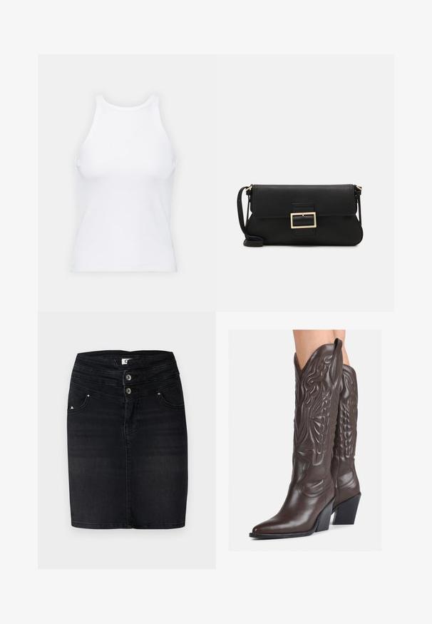 Top alb fără mâneci, confecționat din material ribbed, prezentând un decolteu rotund și o siluetă ajustată, cu cusături minime și fără ornamente.; Fustă din denim negru cu un design ajustat, două butoane la talie și buzunare frontale cu un detaliu subtil al logo-ului pe lateral.; Bocanci de cowboy din piele maro, cu vârf ascuțit și toc pătrat, având cusături detaliate și accente ridicate pe tijă.; Geantă de mână din piele neagră, cu clapetă și un detaliu din metal auriu. Include o curea neagră și un design elegant, minimalist.