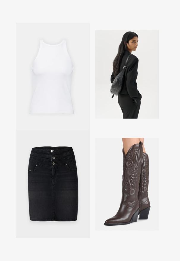 Top de tirantes blanco sin mangas hecho de tela acanalada, con un escote redondeado y una silueta ajustada, con costuras mínimas y sin adornos.; Falda de mezclilla negra con un diseño ajustado, dos botones en la cintura y bolsillos frontales con un sutil detalle de logo en el costado.; Botas de vaquero de cuero marrón con punta afilada y tacón cuadrado, que presentan costuras detalladas y acentos elevados en el caño.; Mujer con cabello largo y oscuro vestida con un traje negro, llevando un bolso de cuero negro al hombro, mirando por encima de su hombro contra un fondo blanco.; Pendientes de aro de plata con diseño retorcido, que presentan un acabado pulido y cierre de presión. Miden aproximadamente 3 cm de diámetro.