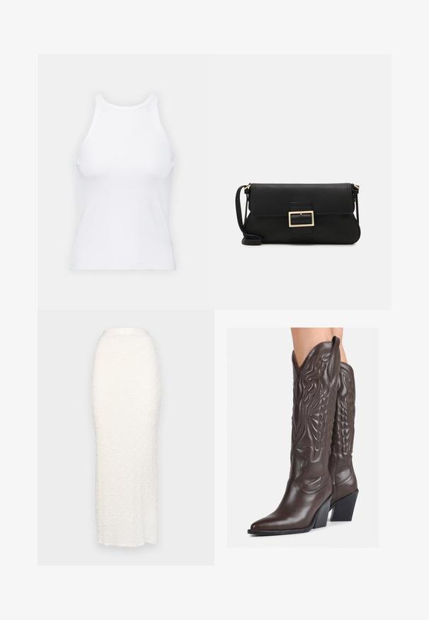 Bílý bezrukávový top vyrobený z ribbed látky, s kulatým výstřihem a přiléhavým střihem, s minimem švů a bez ozdob.; Gina Tricot STRUCTURE MAXI SKIRT - Maxi sukně - white; Hnědé kožené kovbojské boty s špičatou špičkou a blokovým podpatkem, se zdobným prošíváním a vyvýšenými akcenty na nárazu.; Černá kožená psaníčko s klopou a zlatým kovovým detailním sponou. Součástí je černý popruh a elegantní, minimalistický design.; Stříbrné kruhové náušnice s točeným designem, se lesklým povrchem a uzávěrem na kolík. Průměr přibližně 3 cm.