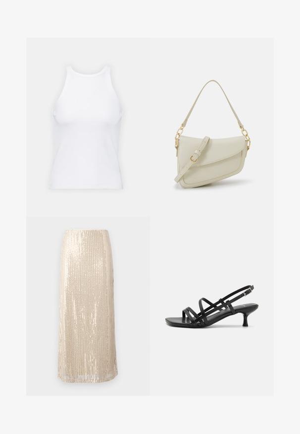 Bijela majica bez rukava napravljena od rebraste tkanine, s okruglim izrezom i uklapajućim siluetom, s minimalnim šavovima i bez ukrasa.; Bež suknja olovka s cirkonima, s vertikalnim uzorcima, do sredine lista, glatke teksture i s dva bočna izreza za lakše kretanje.; Crne sandale na visokoj potpetici s višestrukim križnim trakama. Glatki materijal, šiljati vrh i uska peta. Podesiva traka oko gležnja s kopčanjem.; Mala krem torbica s teksturiranim finišom, dugačkim podesivim remenom, lančanim detaljem i preklopom. Zlaćani hardver.