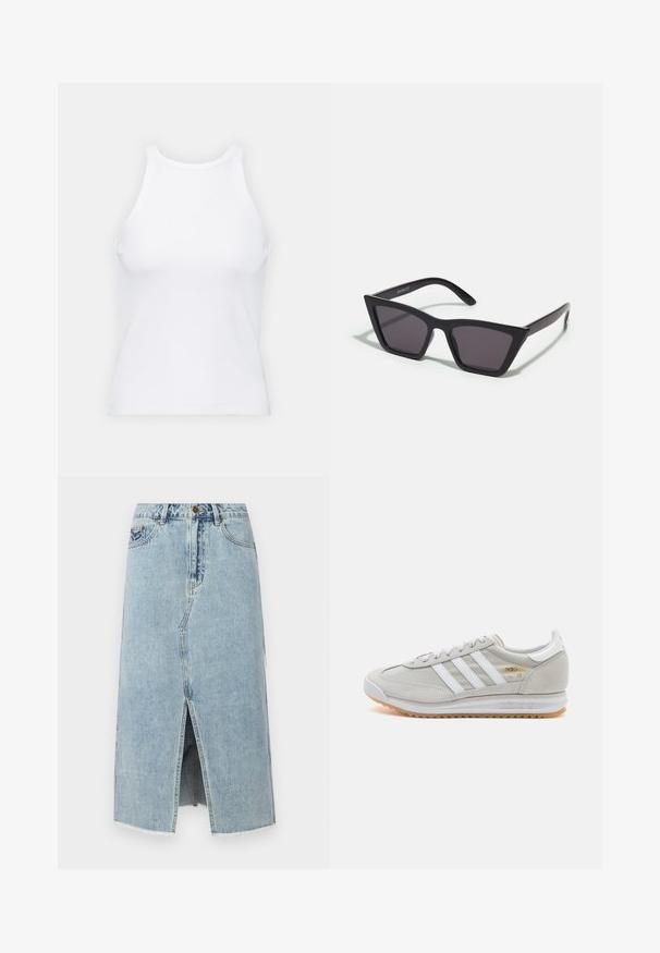 Hvit ermeløs tanktop laget av ribbet stoff, med rund hals og en tettsittende silhuett, med minimale sømmer og ingen dekorasjoner.; Lys blå denimskjørt med frontsplitt, frynset kant, fem lommer og knappelukking i livet. Klassisk rett snitt.; Lys grå sneaker laget av semsket skinn og mesh, med tre hvite striper, rund tå og såle av gummi. Gull logo-aksent nær snørebåndene.; Svarte, kantete solbriller med grå linser; laget av plast, med tykke stenger som har en glatt overflate og ingen synlige festemidler.