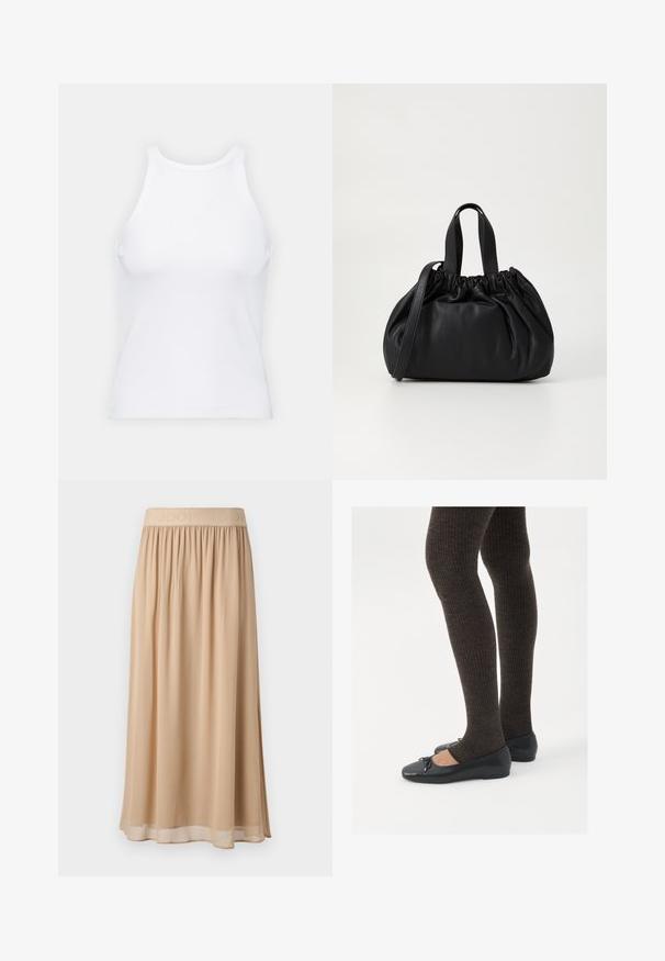 Vit ärmlös linne av ribbat tyg, med rundad halsringning och smal silhuett, med minimala sömmar och utan dekorationer.; Ljusbeige långkjol i mjukt tyg med resårmidja och präglat varumärke. Lättviktig med ett flödande mönster.; Svarta platta skor med en liten rosett vid tån, i kombination med mörkbruna ribbade strumpbyxor. Skorna har en slät yta och låg profil.; Svart läderhandväska med en samlad toppdesign, som har två korta handtag och ett långt justerbart axelband. Slät textur, rund form.
