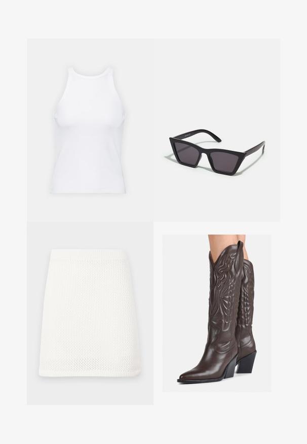 Balta bezpiedurkņu topiņš no ribotā auduma, ar noapaļotu kakla izgriezumu un pieguļošu siluetu, ar minimālām šuvēm un bez rotājumiem.; Balta adīta mini svārki ar rakstainu tekstūru, elastīgu jostu un taisnu siluetu.; Brūni ādas kovboju zābaki ar norādītu purngalu un blokveida papēdi, ar detalizētu šūšanu un paceltiem akcentiem uz kājas daļas.; Melni, stūrveida saulesbrilles ar pelēkiem objektīviem; izgatavotas no plastmasas, ar biezām kājām, kam ir gluda virsma un nav redzamu stiprinājumu.; Melnas ādas saķeres soma ar atloku un zelta metāla sprādzi. Ietver melnu siksnu un elegantu, minimālistisku dizainu.