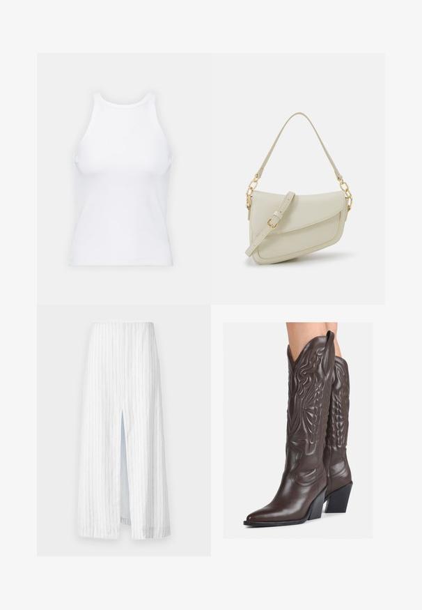Top de tirantes blanco sin mangas hecho de tela acanalada, con un escote redondeado y una silueta ajustada, con costuras mínimas y sin adornos.; Falda midi blanca con rayas verticales grises, que presenta una abertura en la parte frontal. Hecha de un tejido ligero, ofrece una forma relajada y estructurada.; Botas de vaquero de cuero marrón con punta afilada y tacón cuadrado, que presentan costuras detalladas y acentos elevados en el caño.; Pequeño bolso de mano crema con un acabado texturizado, una correa larga y ajustable, un acento de cadena y cierre de solapa. Detalles en hardware dorado.