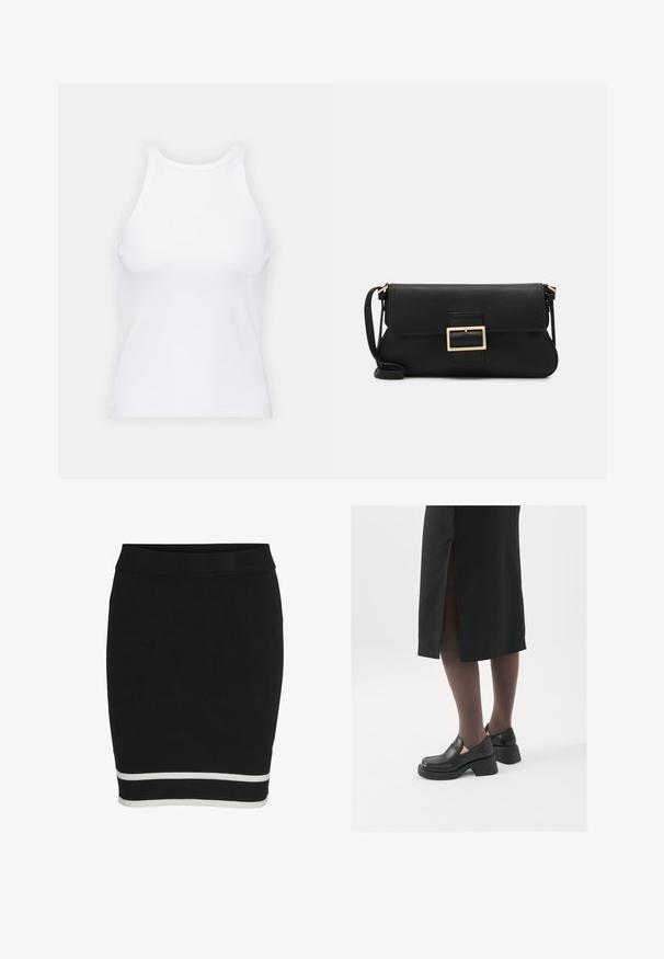 Fehér ujjatlan trikó ribbed anyagból, lekerekített nyakkivágással és testhez simuló siluettel, minimális varrásokkal és díszítések nélkül.; Fekete kötött szoknya, amely illeszkedő fazonú és széles, rugalmas derékrésszel rendelkezik. Az alsó szélen fehér csík díszíti, kiemelve a szoknya alját.; Fekete bőr cipők lekerekített orral, vastag blokk sarkakkal és elasztikus oldalsó díszítésekkel, sötét harisnyával és hasítékkal ellátott fekete szoknyával párosítva.; Fekete bőr kézitáska hajtóka részlettel és aranyszínű fém csattal. Tartalmaz egy fekete pántot és egy letisztult, minimális dizájnt.; Ezüst karika fülbevalók csavart kialakítással, fényes felülettel és fülbevaló tűzáras zárással. Átmérőjük körülbelül 3 cm.