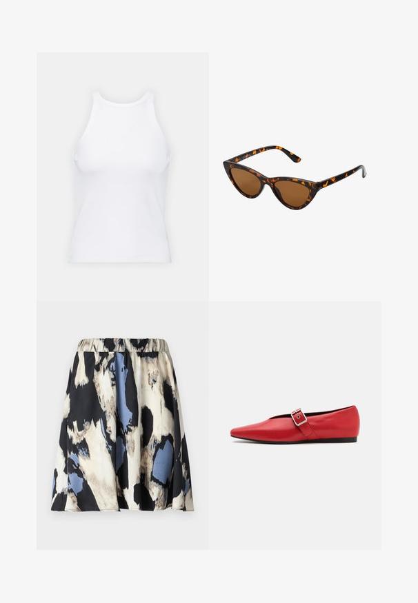 Biała bezrękawnikowa koszulka wykonana z prążkowanej tkaniny, z okrągłym dekoltem i dopasowanym krojem, o minimalnych szwach i bez ozdób.; Króka plisowana spódnica z elastycznym pasem, z abstrakcyjnym wzorem w odcieniach kremu, czerni i niebieskiego, wykonana z gładkiej tkaniny.; Czerwone skórzane baleriny z wąskim noskiem, z bocznym paskiem z metalowym klamrą i niskim czarnym obcasem. Gładka tekstura na całej powierzchni.; Okulary przeciwsłoneczne w kształcie kocich oczu z czarno-pomarańczową oprawą w deseń żółwia, brązowymi soczewkami i eleganckimi, spiczastymi końcówkami. Posiadają minimalistyczne logo na zauszniku.; Mała torebka w kolorze kremowym z teksturowanym wykończeniem, długim regulowanym paskiem, akcentem z łańcucha oraz zapięciem na klapkę. Wykończenia w kolorze złotym.; Złote kolczyki w kształcie kółek o gładkim, błyszczącym wykończeniu. Okrągły design z małym klipsem i przezroczystym zapięciem zapewniającym bezpieczne noszenie.