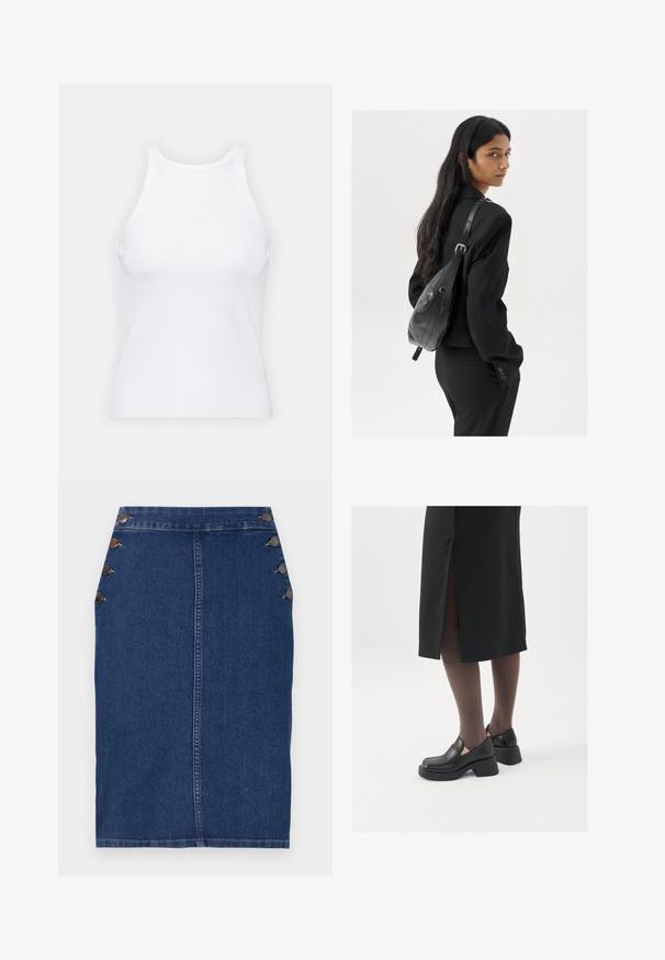 Λευκό μανίκι τοπ χωρίς μανίκια φτιαγμένο από ριμπ ύφασμα, με στρογγυλή λαιμόκοψη και εφαρμοστή σιλουέτα, με ελάχιστες ραφές και χωρίς διακοσμήσεις.; Τζιν μολυβιού σε σκούρο μπλε χρώμα, με ίσια γραμμή, πέντε διακοσμητικά κουμπιά στην αριστερή πλευρά και ορατές ραφές κατά μήκος των ραφών.; Μαύρα δερμάτινα παπούτσια με στρογγυλή μύτη, χοντρό τετράγωνο τακούνι και ελαστικές πλάγιες λεπτομέρειες, συνδυασμένα με σκούρες καλσόν και μια μαύρη φούστα με σχίσιμο.; Γυναίκα με μακριά μαύρα μαλλιά, ντυμένη με μαύρο κοστούμι, κρατώντας μια μαύρη δερμάτινη τσάντα ώμου, κοιτάζοντας πίσω στον φακό, σε λευκό φόντο.