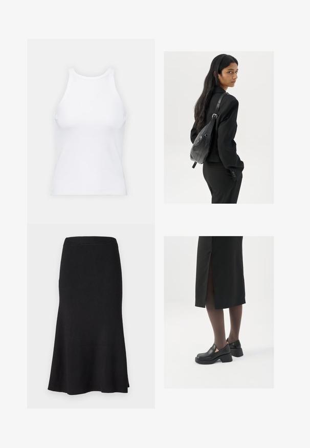 Biela bezrukávová tielko vyrobené z rebrovanej látky, s okrúhlym výstrihom a priliehavým strihom, s minimálnymi švami a bez ozdôb.; Čierna pruhovaná pletená sukňa s priliehavým pásom a rozšíreným lemom. Hladká textúra, dizajn po kolená, s rovnomerne rozloženým pruhovaným vzorom.; Čierne kožené topánky s okrúhlou špičkou, silným blokovým opätkom a elastickými bočnými akcentmi, skombinované s tmavými pančuchami a čiernou sukňou so štiepením.; Žena s dlhými tmavými vlasmi, oblečená v čiernom obleku, nesúca čiernu koženú kabelku na ramene, pozerajúca cez rameno na bielom pozadí.