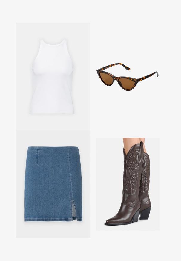 Fehér ujjatlan trikó ribbed anyagból, lekerekített nyakkivágással és testhez simuló siluettel, minimális varrásokkal és díszítések nélkül.; Közepesen kék farmer mini szoknya, egyenes vonalú vágással, enyhe oldalszúrással és tiszta varrással az alján és az oldalain.; Barna bőr cowboy csizmák hegyes orral és blokk sarkal, részletes varrással és kiemelkedő díszítésekkel a szárán.; Cica szemüveg fekete és narancssárga teknőc pánttal, barna lencsékkel és sima, hegyes végekkel. A templomán egy minimalista logó található.; Kis krémszínű táska texturált felülettel, hosszú, állítható pánttal, láncos díszítéssel és fedéllel záródik. Aranyszínű fém részletek.
