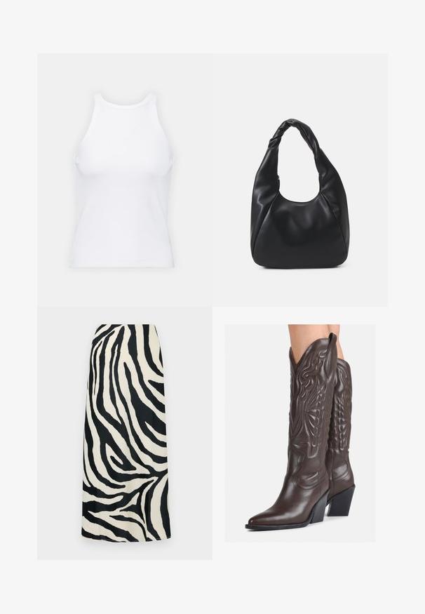 Weißes ärmelloses Tanktop aus geripptem Stoff, mit rundem Ausschnitt und figurbetonter Silhouette, minimalen Nähten und ohne Verzierungen.; Schwarz-weißer, zebra-gemusterter Maxirock mit glatter Textur, hoher Taille und geradem Schnitt.; Braune Leder-Cowboy-Stiefel mit spitzem Punkt und Blockabsatz, die über detaillierte Stickereien und hervorgehobene Akzente am Schaft verfügen.; Schwarze Hobo-Bag aus glatt wirkendem Lederimitat mit einem gedrehten Griff, der eine weiche, abgerundete Form und einen Reißverschluss am oberen Ende aufweist.; Silberne Creolen mit minimalistischem Design. Rundform, glatte Oberfläche und dünnes Profil. Leichtgewichtig mit hochglänzender Oberfläche.