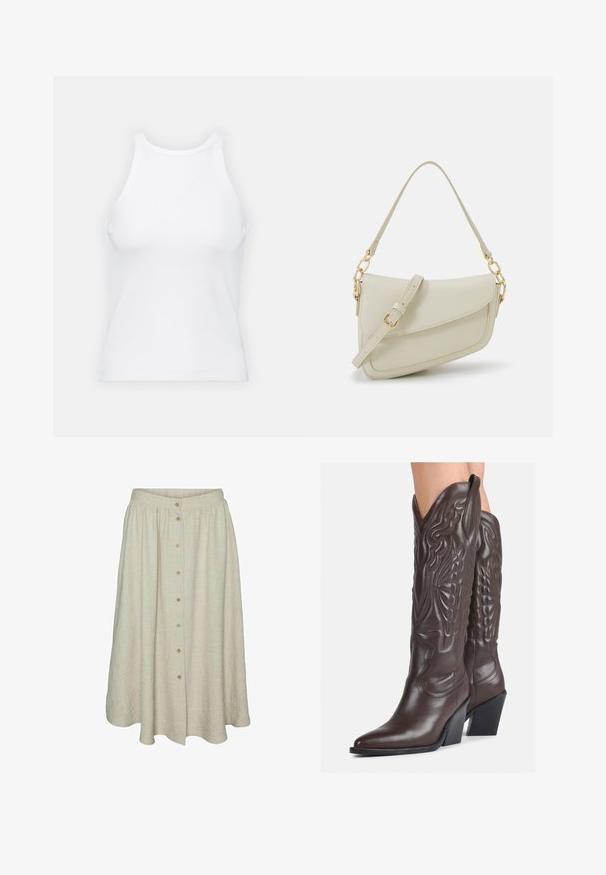 White sleeveless tank top made of ribbed fabric, featuring a rounded neckline and a fitted silhouette, with minimal seams and no embellishments.; Knee-length beige skirt made of textured fabric with a button front, elastic waistband, and a flowing design.; Brown leather cowboy boots with pointed toe and block heel, featuring detailed stitching and raised accents on the shaft.; Small cream handbag with a textured finish, a long adjustable strap, a chain accent, and a flap closure. Gold hardware detailing.