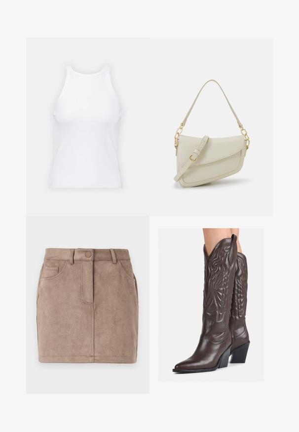 Fehér ujjatlan trikó ribbed anyagból, lekerekített nyakkivágással és testhez simuló siluettel, minimális varrásokkal és díszítések nélkül.; Barna, velúr mini szoknya egyenes fazonnal, elülső gombzárással, öt zsebbel és övhurkokkal; puha textúrájú és sima felületű.; Barna bőr cowboy csizmák hegyes orral és blokk sarkal, részletes varrással és kiemelkedő díszítésekkel a szárán.; Kis krémszínű táska texturált felülettel, hosszú, állítható pánttal, láncos díszítéssel és fedéllel záródik. Aranyszínű fém részletek.