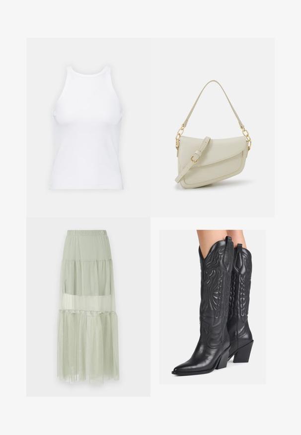 Top alb fără mâneci, confecționat din material ribbed, prezentând un decolteu rotund și o siluetă ajustată, cu cusături minime și fără ornamente.; Fustă stratificată de un verde deschis, confecționată dintr-un material transparent, având o talie elastică și un design fluid, cu straturi, cu o textură moale.; Cizme de cowboy din piele neagră, cu modele complexe embosate, vârf ascuțit și toc masiv. Prezintă accente cusute și urechi de tragere.; Geantă mică de crem cu un finisaj texturat, curea lungă și ajustabilă, accent cu lanț și închidere cu clapetă. Detalii din hardware aurie.