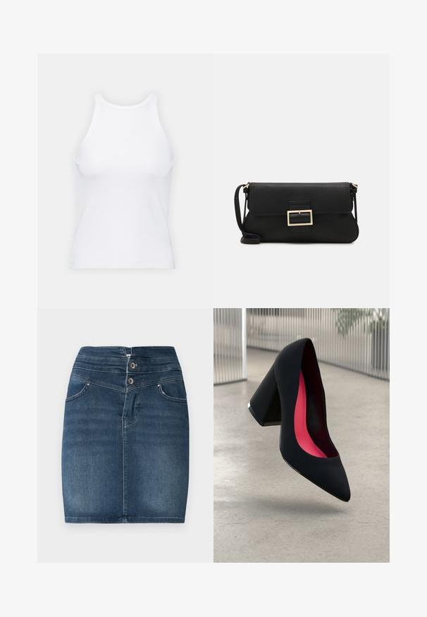 Baltas be rankovių marškinėlis, pagamintas iš išklotinės medžiagos, su apvaliu iškirpimu ir prigludusia siluetu, minimaliais siūlais ir be dekoracijų.; Tamsiai mėlynas džinsinis mini sijonas su dviem užsegimais, penkių kišenių dizainu ir tiesiu siluetu. Turi lygų paviršių ir minimalų blekimo efektą.; Juodas aukštakulnis batai su smailiu pirštu, su tekstūruota paviršiumi ir ryškiai rožiniu vidumi. Su tiek dideliu kulnu, tiek sidabriniu akcentu.; Juodas odinis dėkliukas su atvarteliu ir auksinės metalinės sagties detalėmis. Įeina juodas diržas ir elegantiškas, minimalistinis dizainas.; Aukso auskarai su lygiu, blizgiu paviršiumi. Apvalus dizainas su maža užrakto dalimi ir skaidria atrama saugiam nešiojimui.