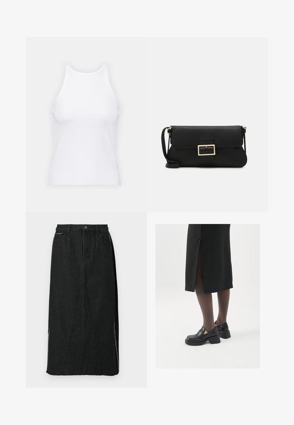 Witte mouwloze tanktop van ribstof, met een ronde halslijn en een aansluitende pasvorm, met minimale naden en zonder versieringen.; Zwarte spijkerrok met een hoge taille, rechte snit en unieke schuine naden. Voorzien van zijsplitten en een knoopsluiting in de taille.; Zwarte leren schoenen met een ronde neus, dikke blokhak en elastische zijkanten, gecombineerd met donkere panty's en een zwarte rok met een split.; Zwarte leren clutch met een klep en een gouden metalen sluiting. Inclusief een zwarte schouderband en een slank, minimalistisch ontwerp.