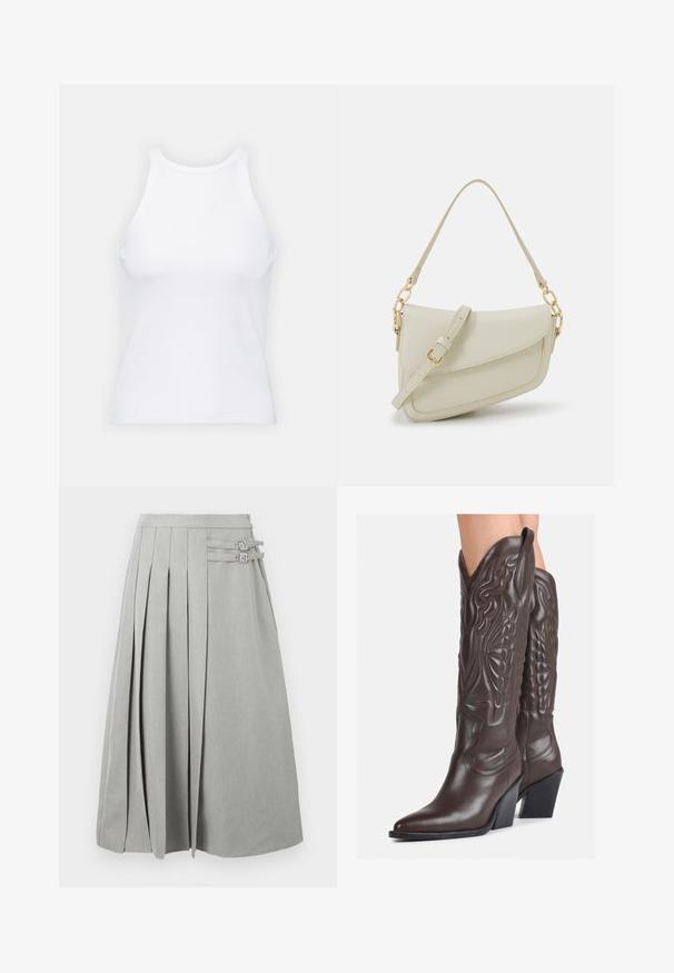 Fehér ujjatlan trikó ribbed anyagból, lekerekített nyakkivágással és testhez simuló siluettel, minimális varrásokkal és díszítések nélkül.; Szürke, redős szoknya könnyű anyagból. Kétoldali csatos részletekkel és középhosszú kivitelben készült. Simább textúrájú, finom mintázattal.; Barna bőr cowboy csizmák hegyes orral és blokk sarkal, részletes varrással és kiemelkedő díszítésekkel a szárán.; Kis krémszínű táska texturált felülettel, hosszú, állítható pánttal, láncos díszítéssel és fedéllel záródik. Aranyszínű fém részletek.