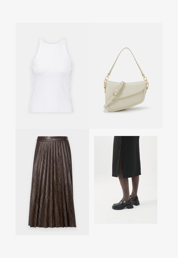 Top de tirantes blanco sin mangas hecho de tela acanalada, con un escote redondeado y una silueta ajustada, con costuras mínimas y sin adornos.; Falda marrón con pliegues y un patrón de serpiente, con una cinturilla suave y un acabado texturizado. La longitud llega hasta la mitad de la pantorrilla.; Zapatos de piel negra con punta redondeada, tacón grueso y bloque, y acentos elásticos en los laterales, combinados con unos pantys oscuros y una falda negra con una abertura.; Pequeño bolso de mano crema con un acabado texturizado, una correa larga y ajustable, un acento de cadena y cierre de solapa. Detalles en hardware dorado.; Pendientes de aro de plata con diseño retorcido, que presentan un acabado pulido y cierre de presión. Miden aproximadamente 3 cm de diámetro.