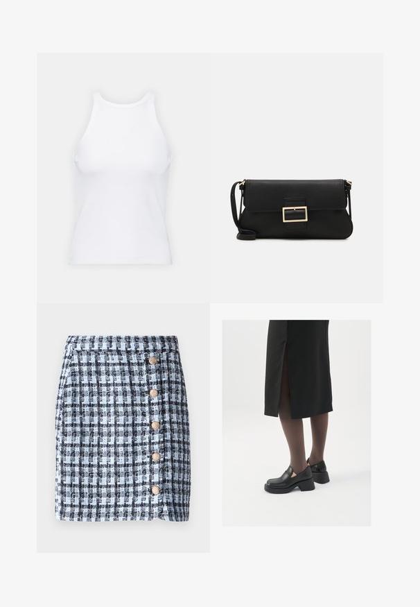 Biała bezrękawnikowa koszulka wykonana z prążkowanej tkaniny, z okrągłym dekoltem i dopasowanym krojem, o minimalnych szwach i bez ozdób.; Mini spódnica w kratę w jasnoniebieskim i czarnym kolorze z pięcioma złotymi guzikami i prostym krojem. Ściśle tkana tkanina o teksturowanej powierzchni.; Czarne skórzane buty z okrągłym noskiem, grubym blokowym obcasem i elastycznymi akcentami po bokach, zestawione z ciemnymi rajstopami i czarną spódnicą z rozcięciem.; Czarna skórzana torebka kopertowa z klapką i detalem w postaci złotej metalowej klamry. Zawiera czarny pasek oraz elegancki, minimalistyczny design.; Srebrne kolczyki w formie obręczy o minimalistycznym designie. Okrągły kształt, gładka faktura i cienki profil. Lekkie, z polerowanym wykończeniem.